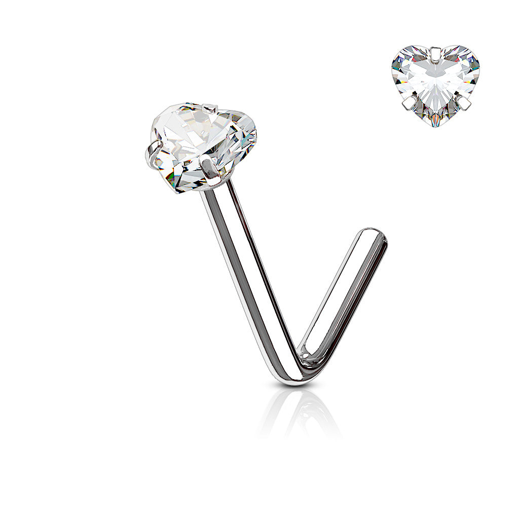 Heart CZ Prong Set 316L Surgical Steel "L" Bend Nose Stud Rings - Clear