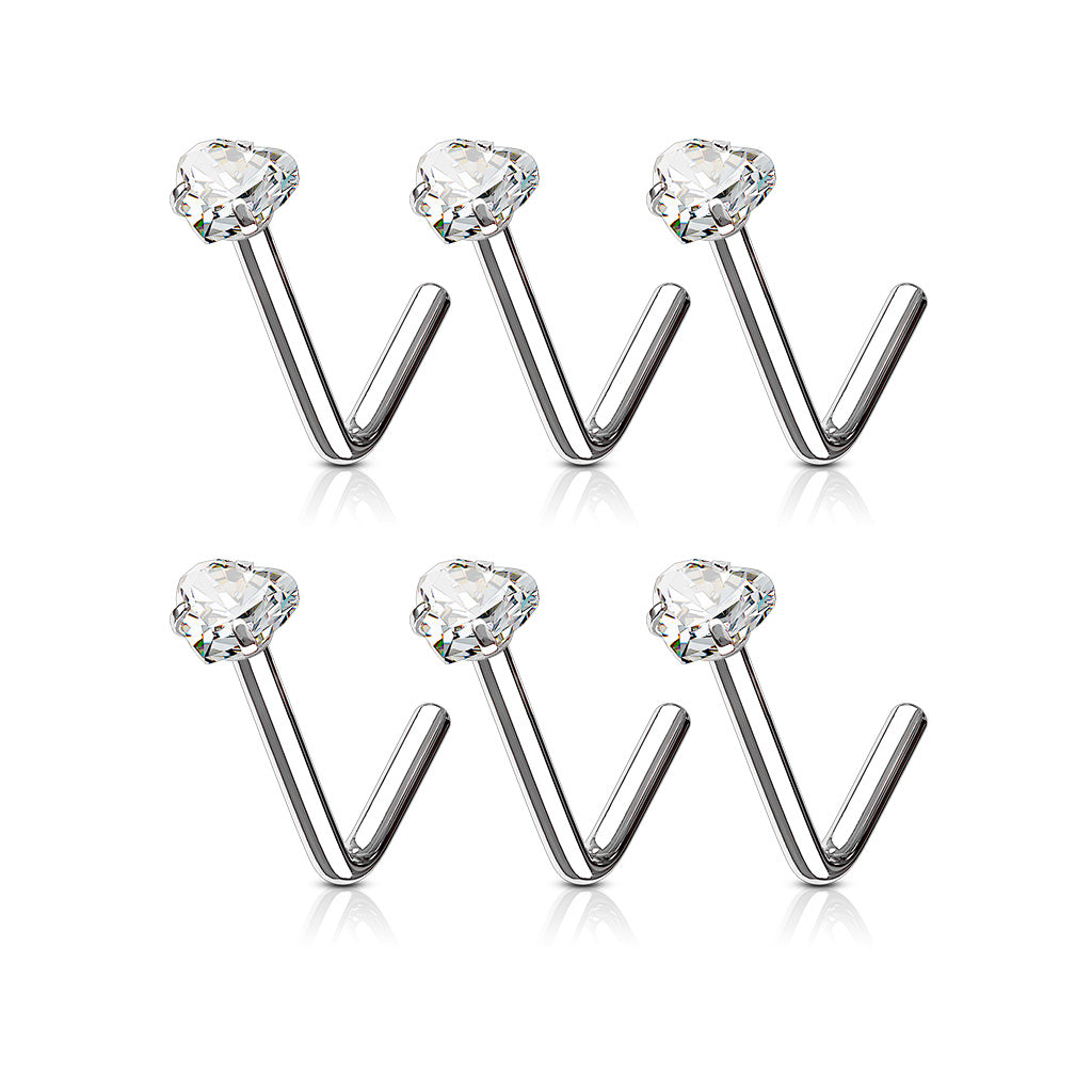 100 Pcs Clear Heart CZ Prong Set 316L L Bend Nose Stud Ring Bulk Pack - all colors