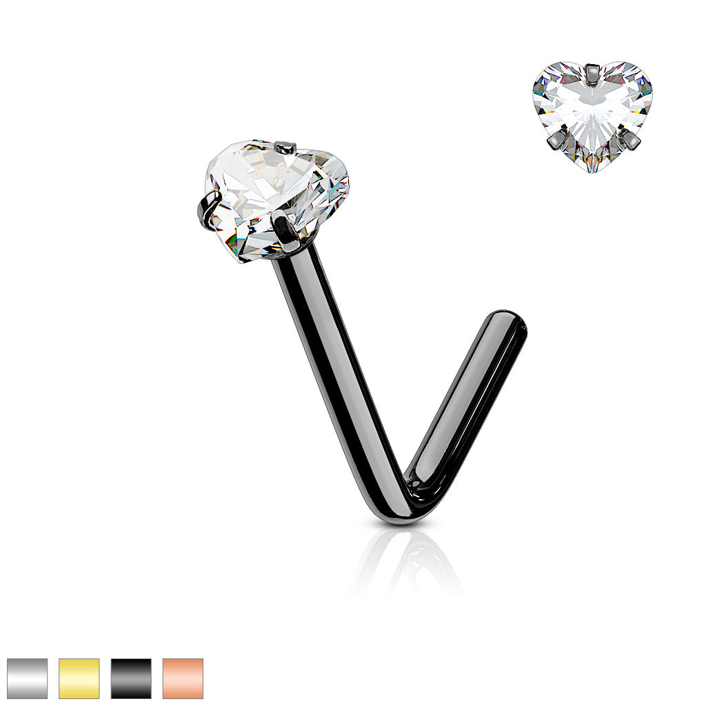 Heart CZ Prong Set 316L Surgical Steel "L" Bend Nose Stud Rings - all colors