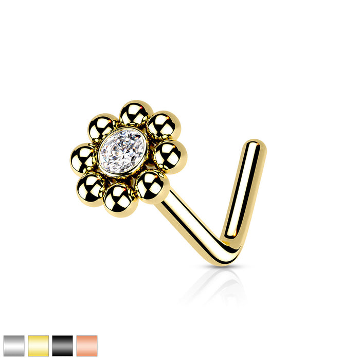 Beaded Edge With CZ Center Top 316L Surgical Steel L Bend Nose Stud