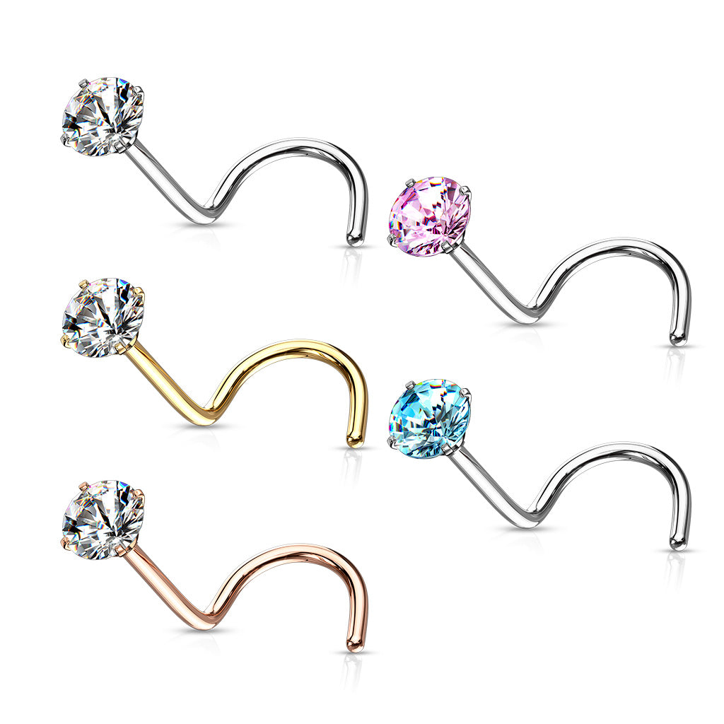 100 Pcs Prong Set Round CZ Top PVD over 316L Surgical Steel Nose Screw Rings (20 Pcs x 5 Colors) - all colors