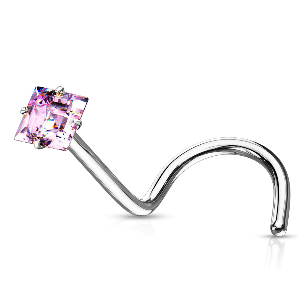 Square CZ Nose Screw Stud - Pink