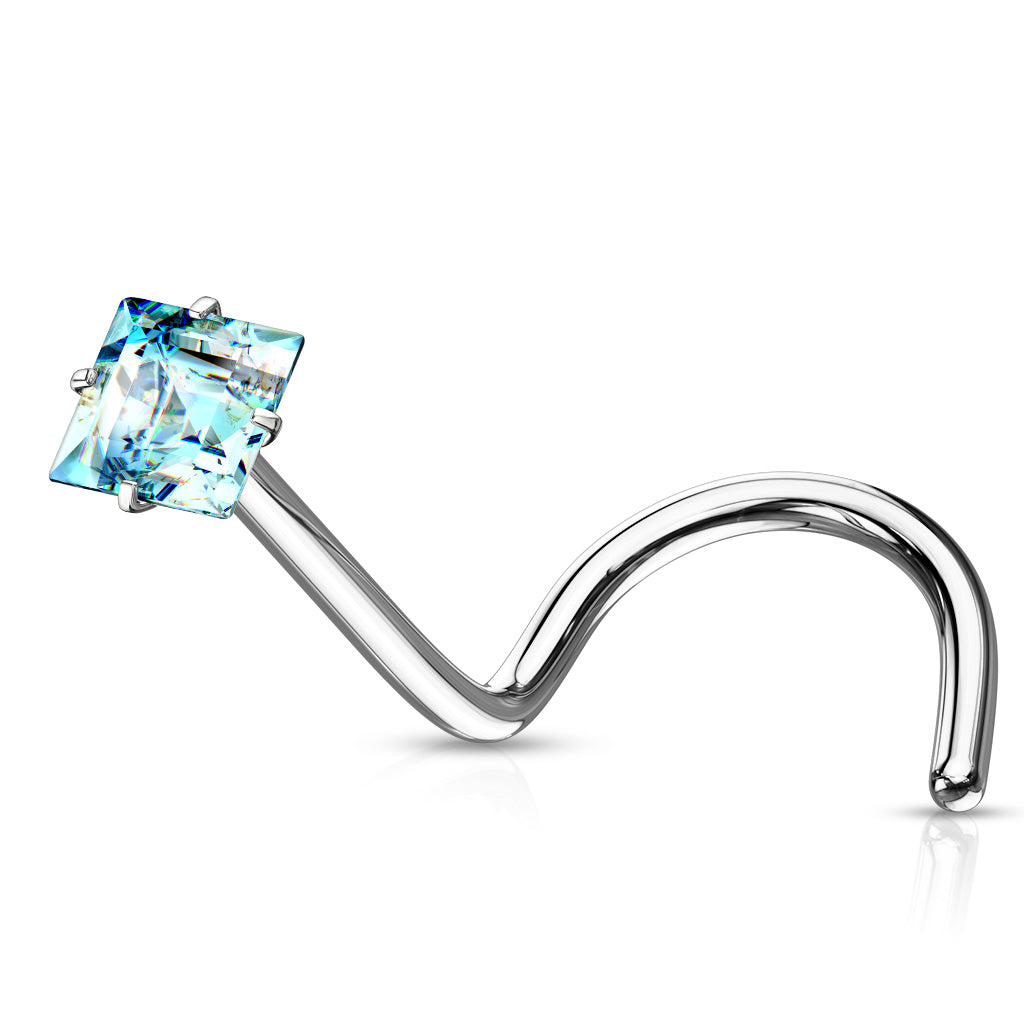 Square CZ Nose Screw Stud - Aqua