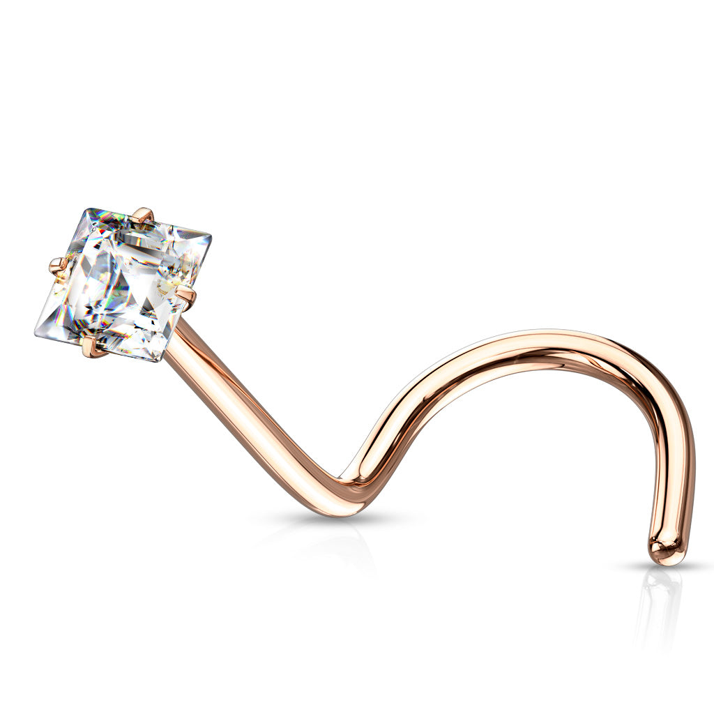 Square CZ Nose Screw Stud - Rose Gold/Clear