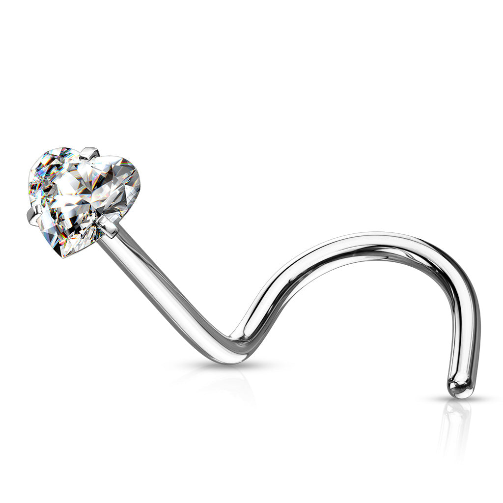 Prong Set Heart CZ Top 316L Surgical Steel Nose Screw Rings - Clear