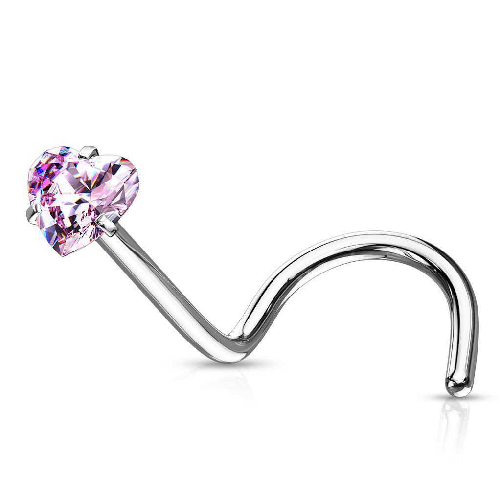 Prong Set Heart CZ Top 316L Surgical Steel Nose Screw Rings - Pink
