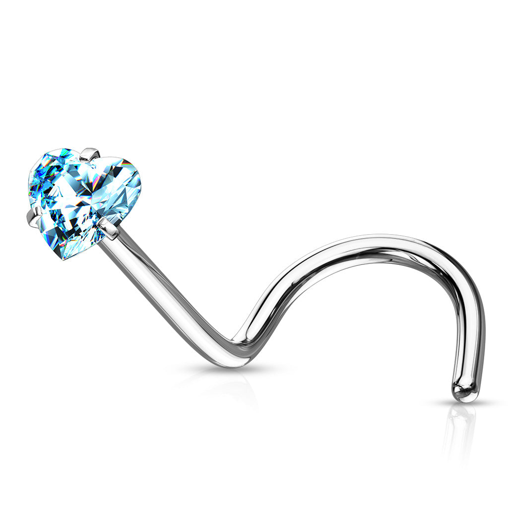 Prong Set Heart CZ Top 316L Surgical Steel Nose Screw Rings - Aqua