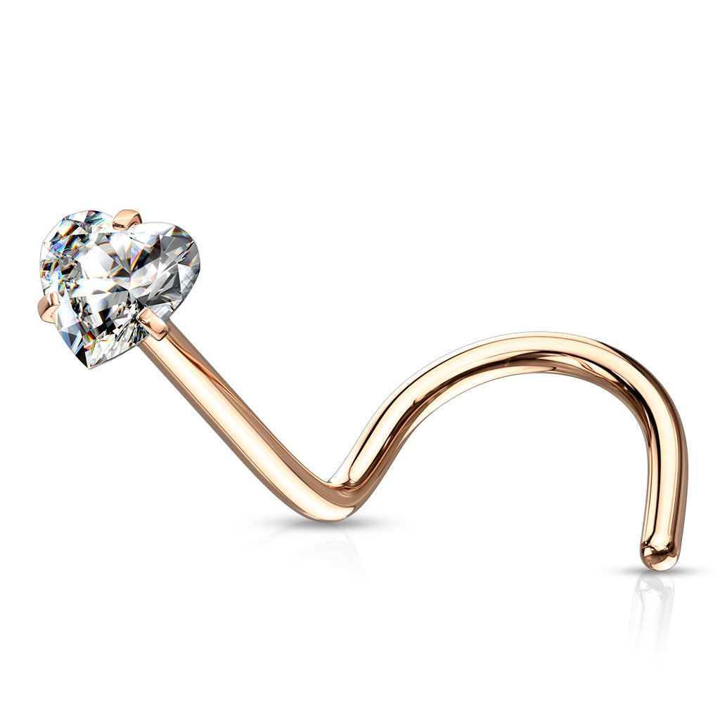 Prong Set Heart CZ Top 316L Surgical Steel Nose Screw Rings - Rose Gold/Clear