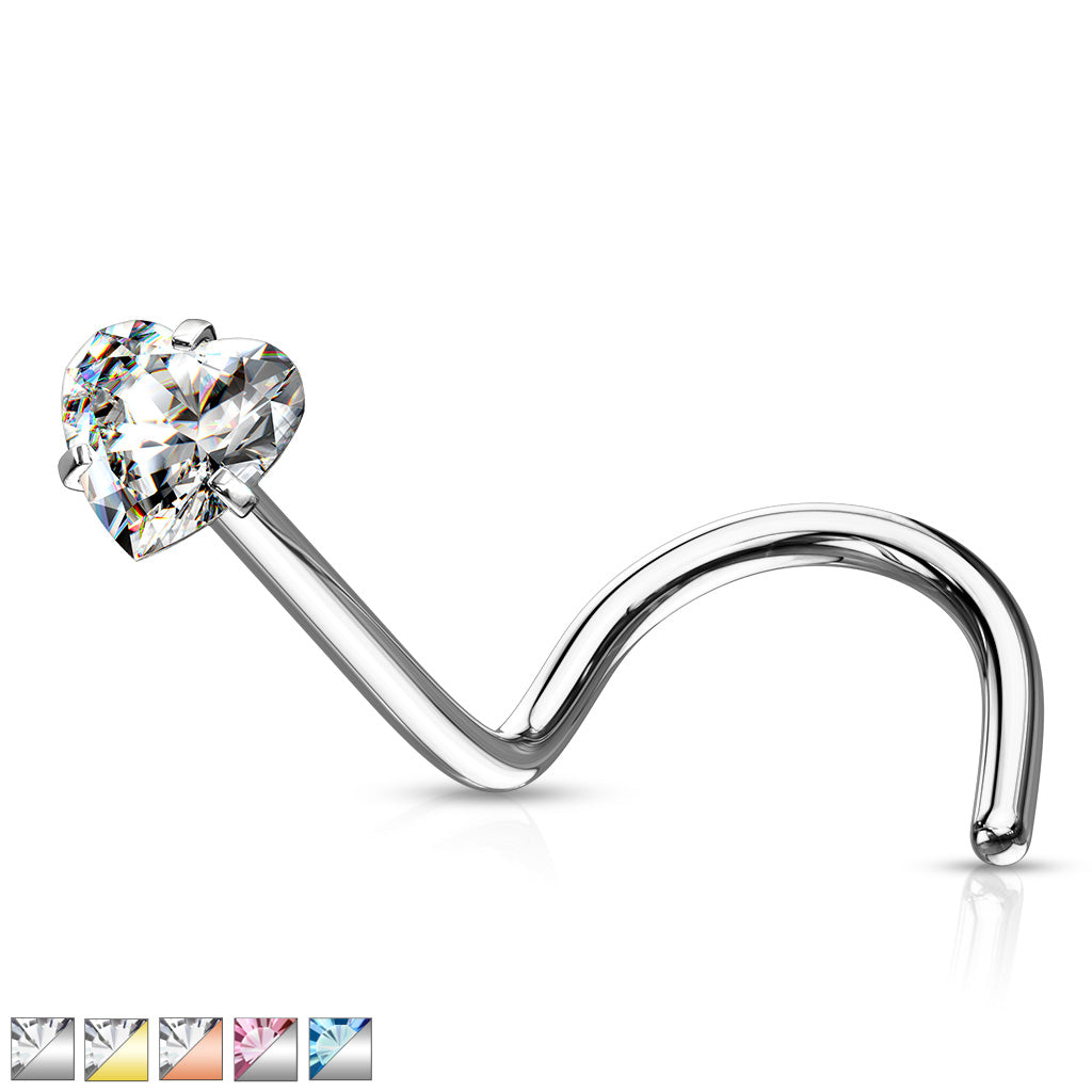 Prong Set Heart CZ Top 316L Surgical Steel Nose Screw Rings - all colors