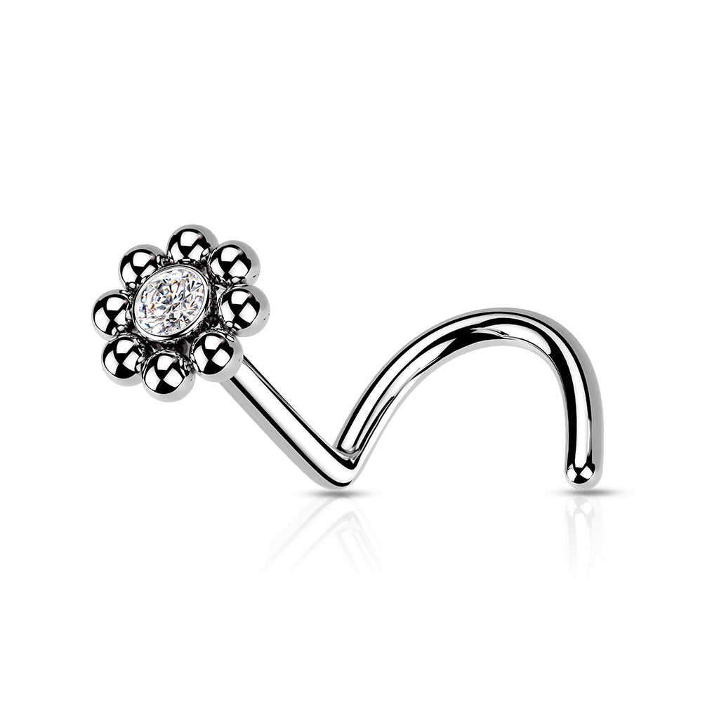 Beaded Ball Edge with CZ Center Top 316L Surgical Steel Nose Screw Rings - Clear