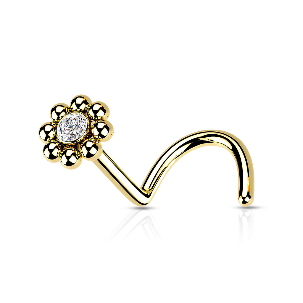 Beaded Ball Edge with CZ Center Top 316L Surgical Steel Nose Screw Rings - Gold/Clear