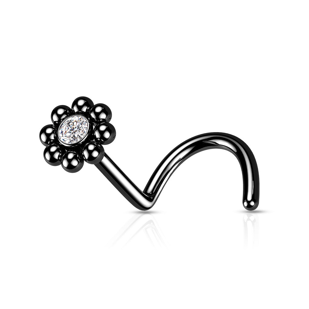 Beaded Ball Edge with CZ Center Top 316L Surgical Steel Nose Screw Rings - Black/Clear