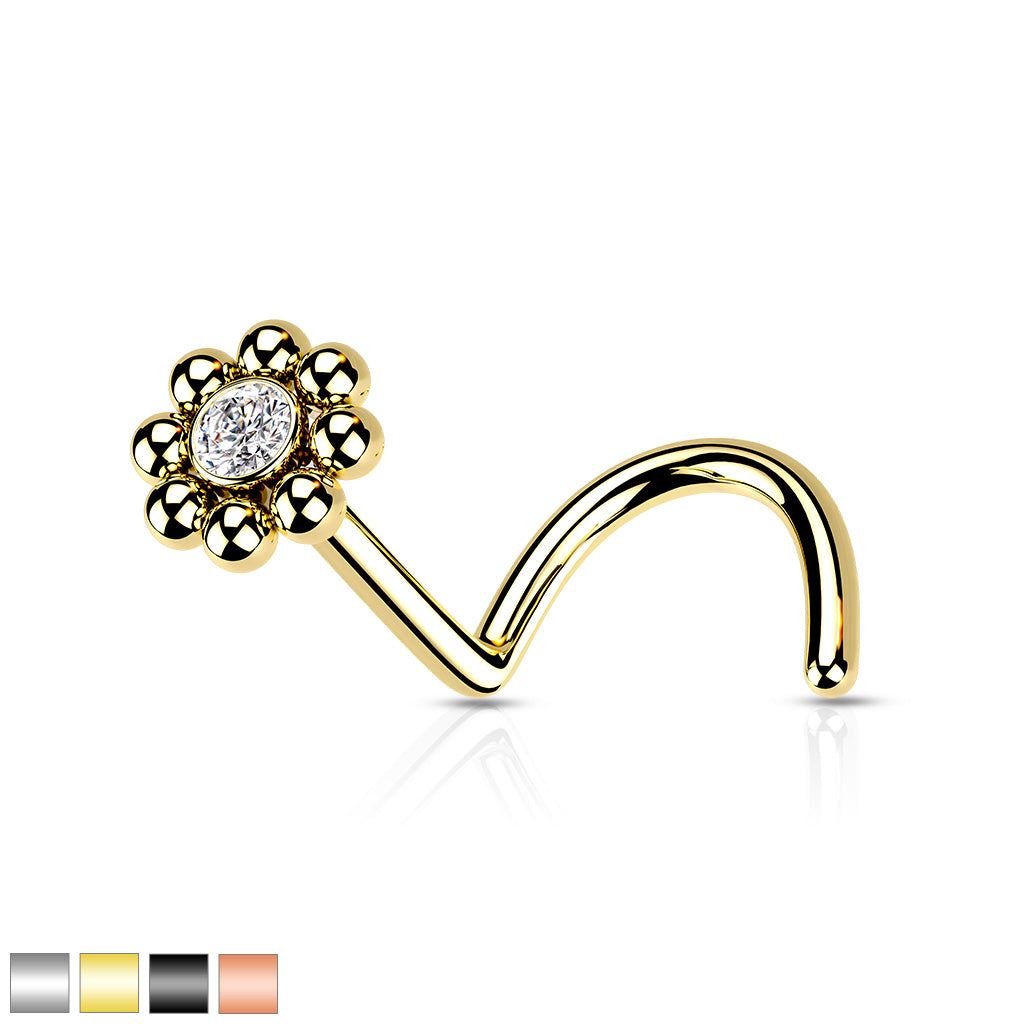 Beaded Ball Edge with CZ Center Top 316L Surgical Steel Nose Screw Rings - all colors