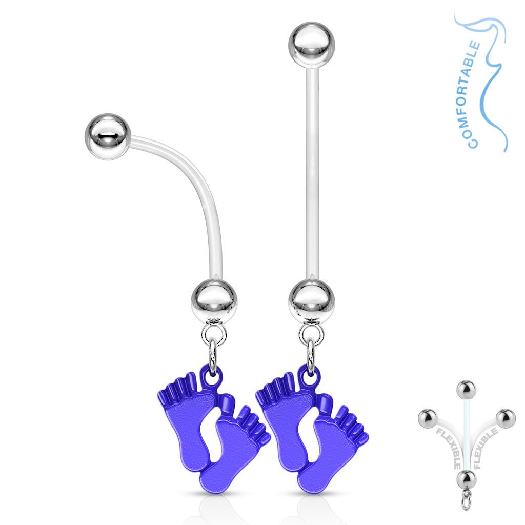 Baby Feet Epoxy Dangle Bio Flex Pregnancy Navel Ring - Blue