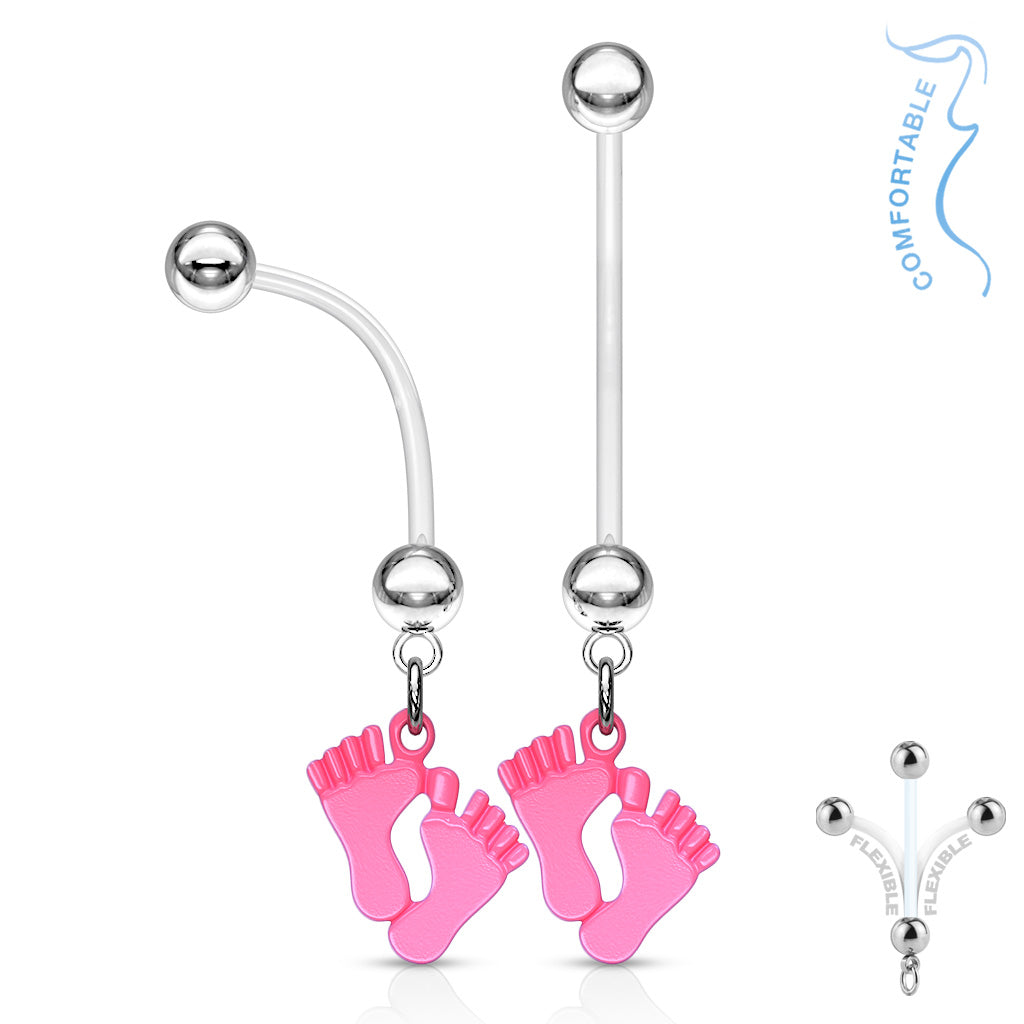 Baby Feet Epoxy Dangle Bio Flex Pregnancy Navel Ring - Pink