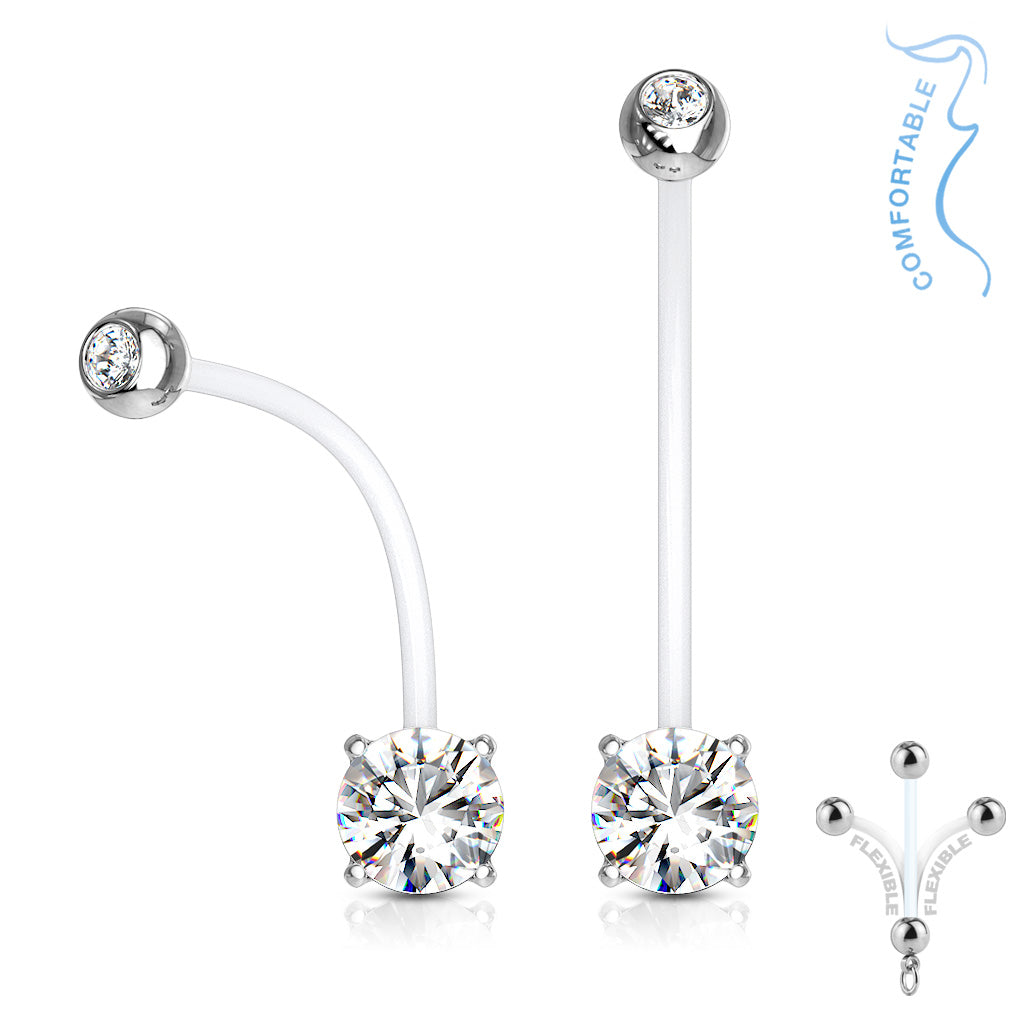 Double Jeweled Prong Set Round CZ Pregnancy Belly Rings Bioflex with 316L Surgical Steel Balls - Clear