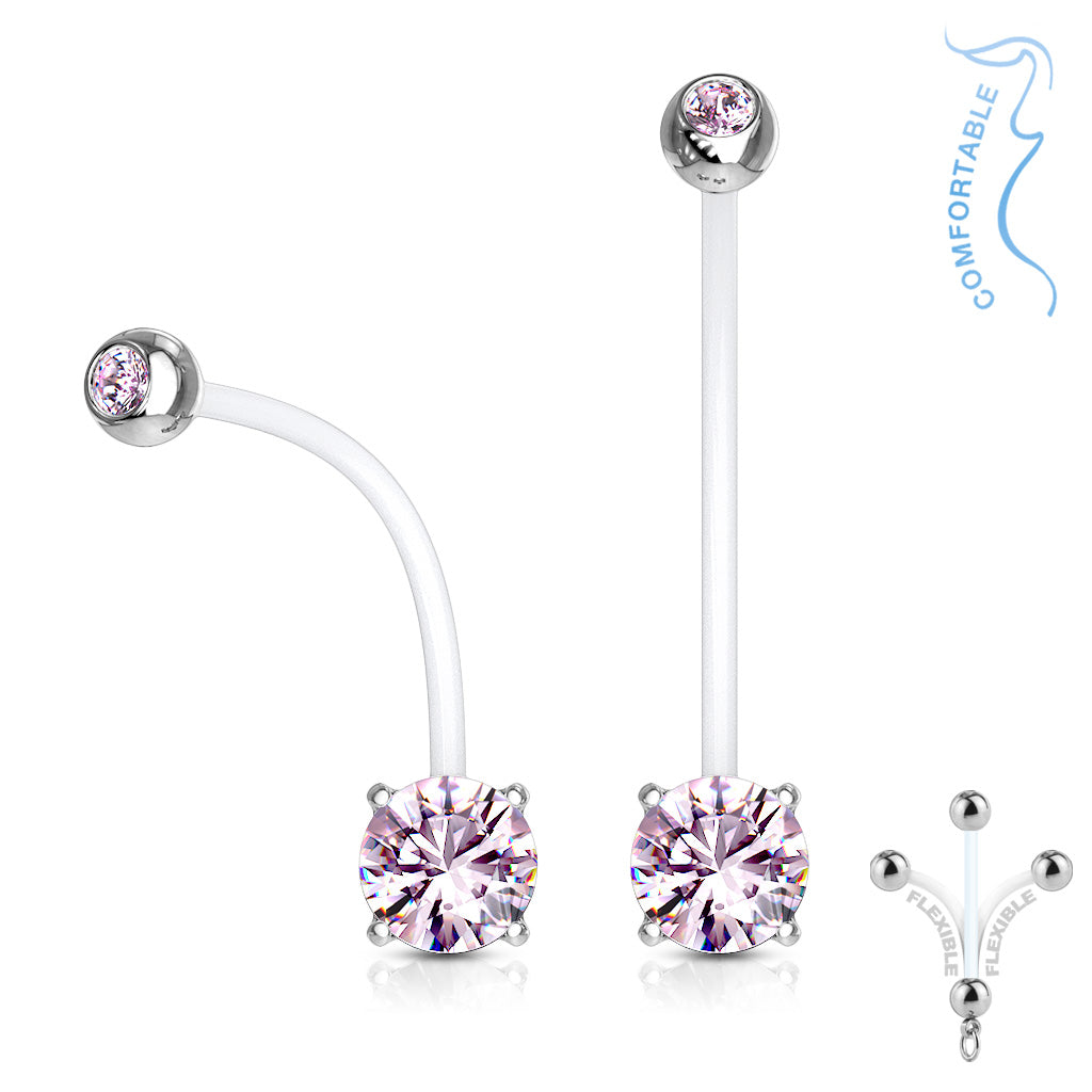 Double Jeweled Prong Set Round CZ Pregnancy Belly Rings Bioflex with 316L Surgical Steel Balls - Pink