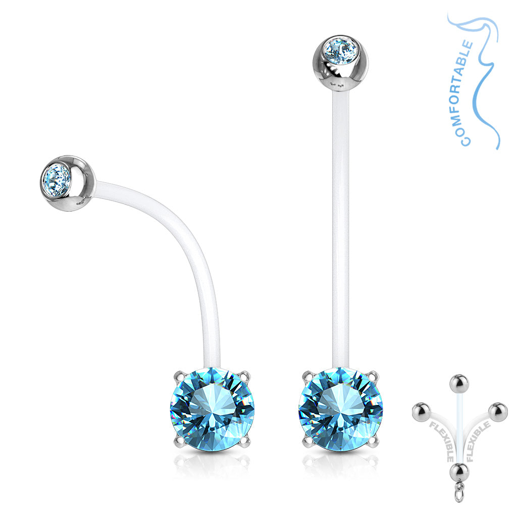 Double Jeweled Prong Set Round CZ Pregnancy Belly Rings Bioflex with 316L Surgical Steel Balls - Aqua