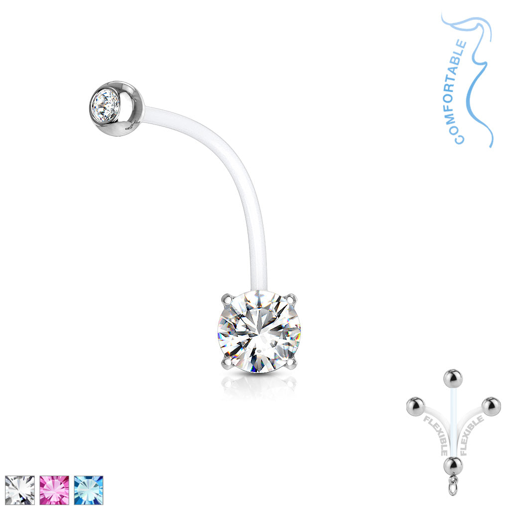 Double Jeweled Prong Set Round CZ Pregnancy Belly Rings Bioflex with 316L Surgical Steel Balls - all colors