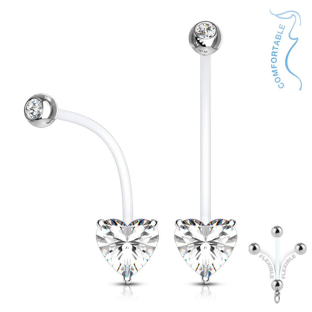 Double Jeweled Prong Set Heart CZ Pregnancy Belly Rings Bioflex with 316L Surgical Steel Balls - Clear