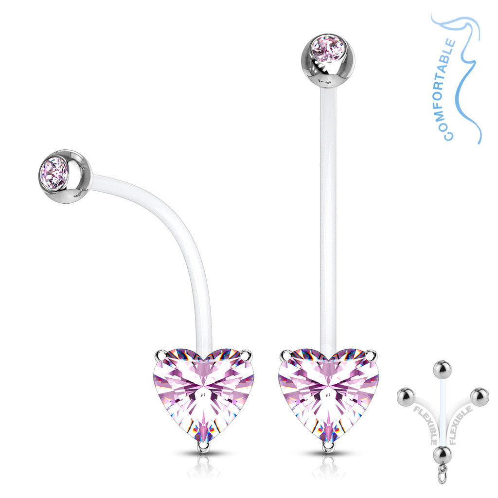 Double Jeweled Prong Set Heart CZ Pregnancy Belly Rings Bioflex with 316L Surgical Steel Balls - Pink