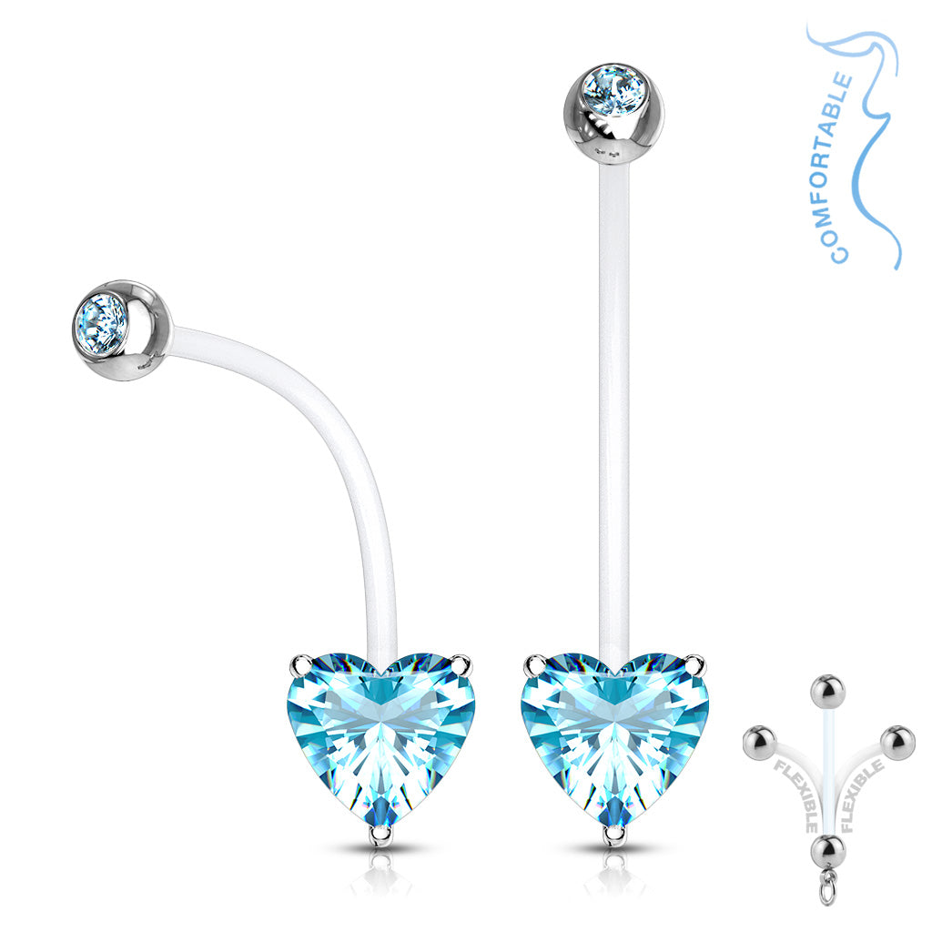 Double Jeweled Prong Set Heart CZ Pregnancy Belly Rings Bioflex with 316L Surgical Steel Balls - Aqua