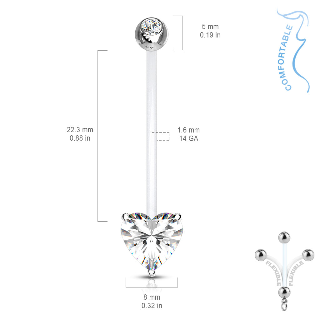 Double Jeweled Prong Set Heart CZ Pregnancy Belly Rings Bioflex with 316L Surgical Steel Balls size chart