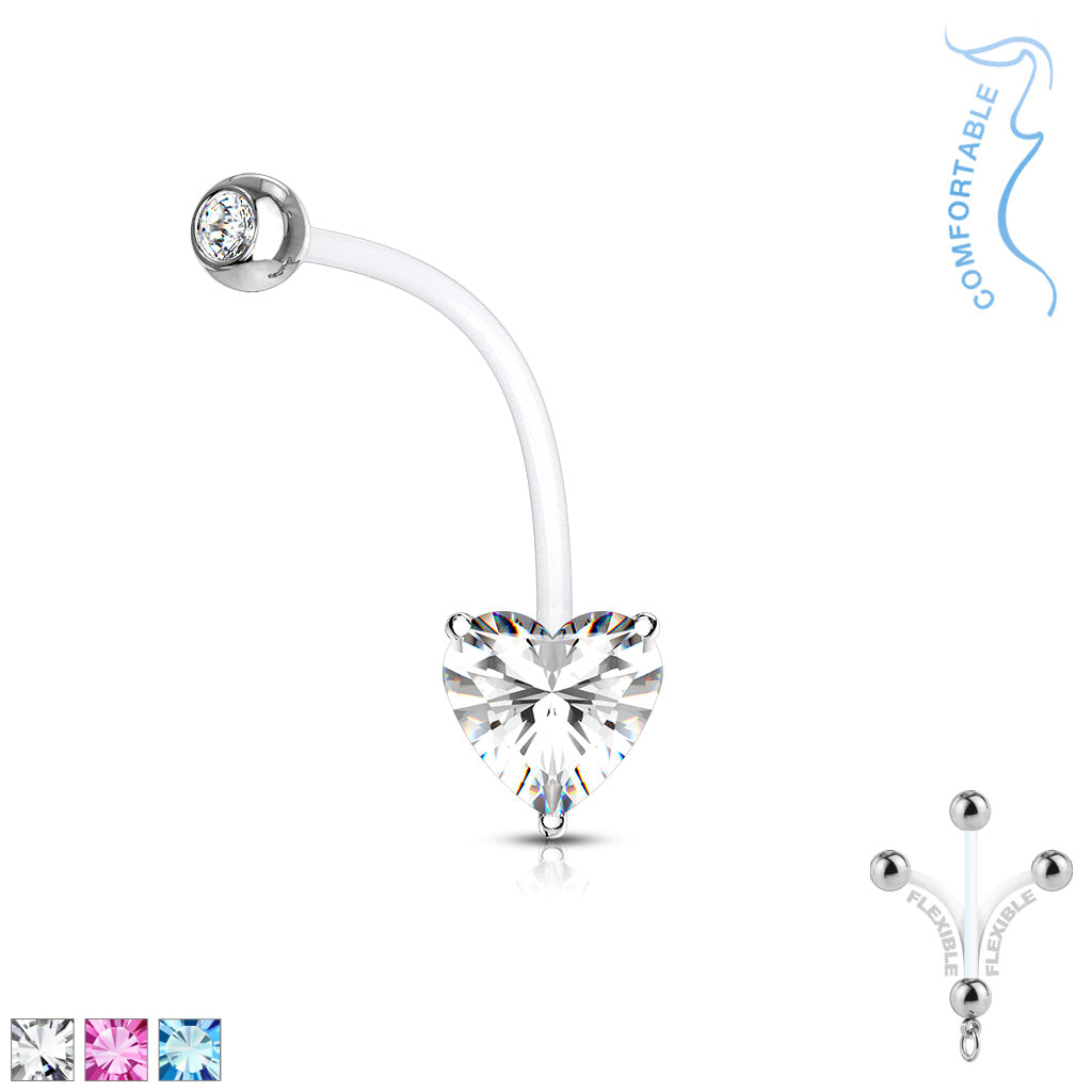 Double Jeweled Prong Set Heart CZ Pregnancy Belly Rings Bioflex with 316L Surgical Steel Balls - all colors