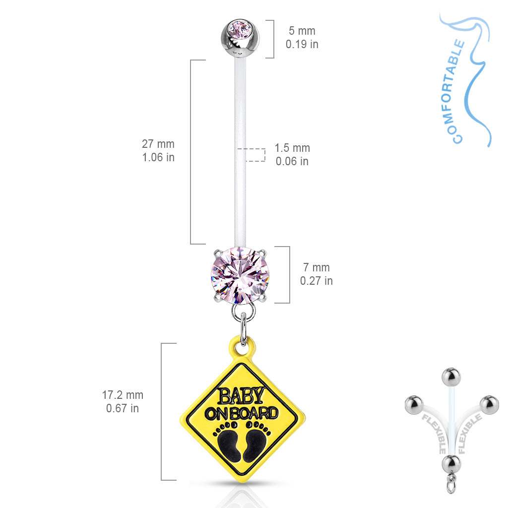 Double Jeweled Prong Set Round CZ With Baby On Board Sign Dangle Pregnancy Belly Rings Bioflex With 316L Surgical Steel Balls size chart