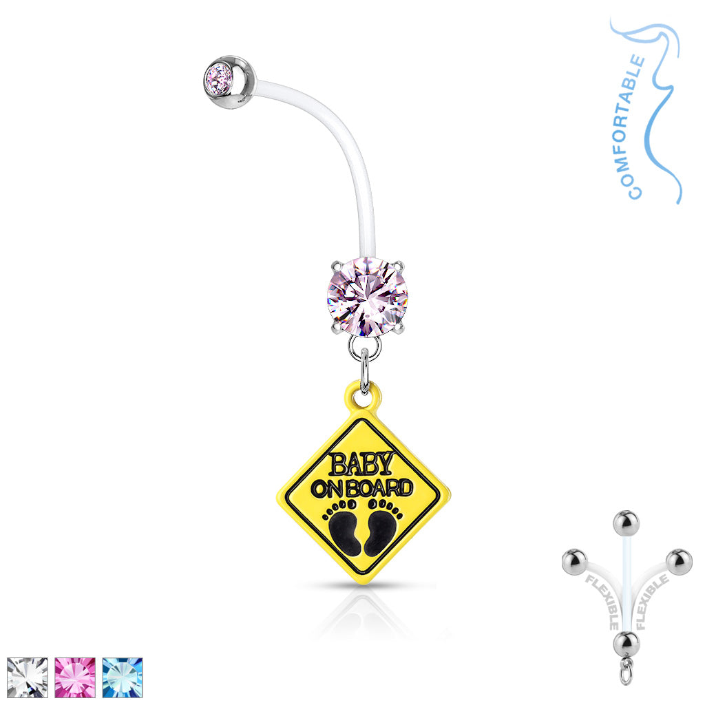 Double Jeweled Prong Set Round CZ With Baby On Board Sign Dangle Pregnancy Belly Rings Bioflex With 316L Surgical Steel Balls - all colors