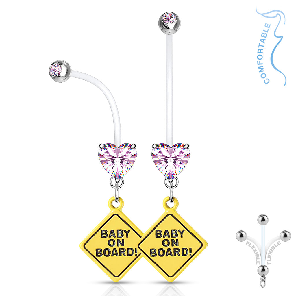 Double Jeweled Prong Set Heart CZ With Baby on Board Sign Dangle Pregnancy Belly Rings Bioflex With 316L Surgical Steel Balls - Pink