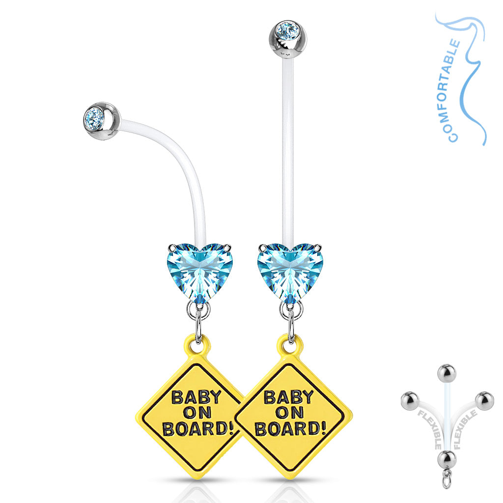 Double Jeweled Prong Set Heart CZ With Baby on Board Sign Dangle Pregnancy Belly Rings Bioflex With 316L Surgical Steel Balls - Aqua