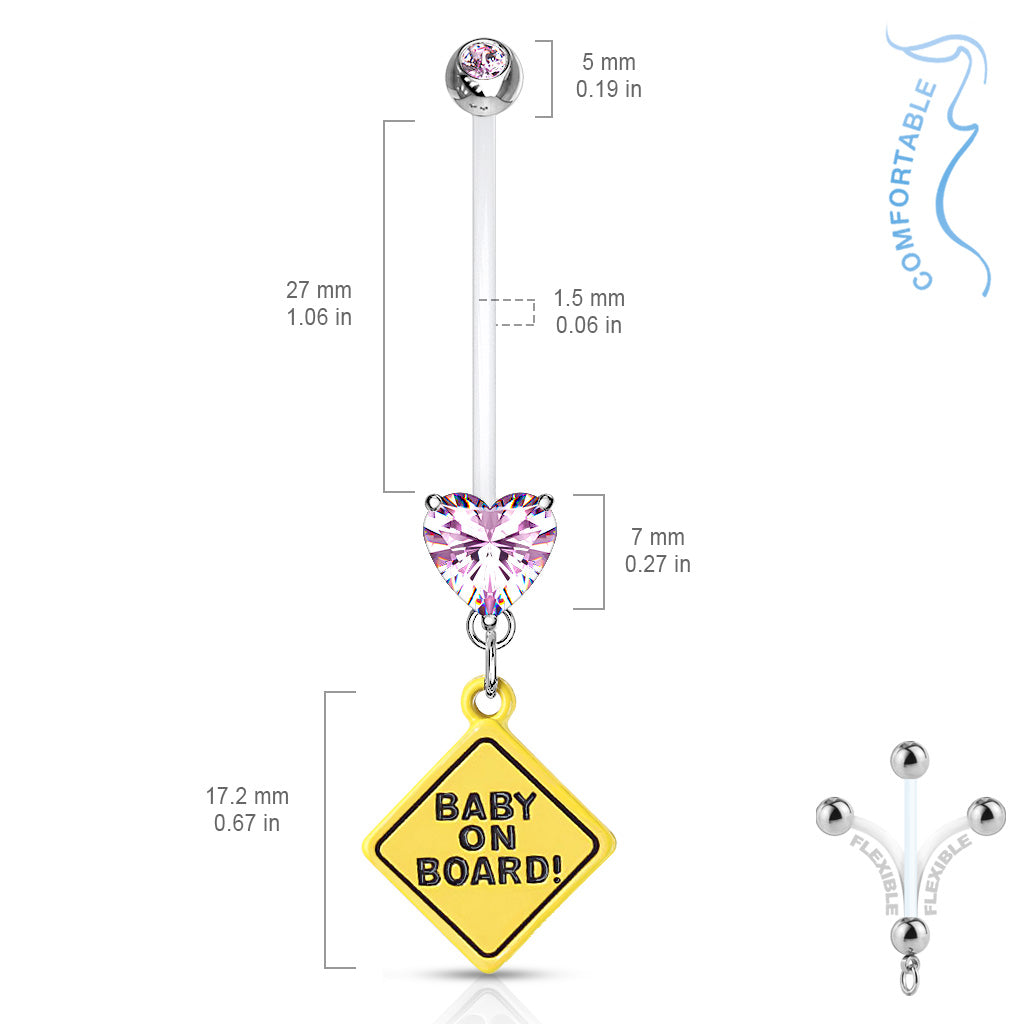 Double Jeweled Prong Set Heart CZ With Baby on Board Sign Dangle Pregnancy Belly Rings Bioflex With 316L Surgical Steel Balls size chart
