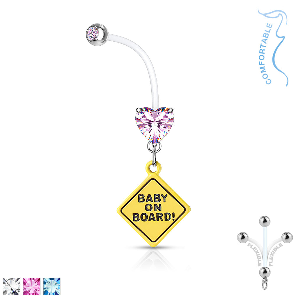 Double Jeweled Prong Set Heart CZ With Baby on Board Sign Dangle Pregnancy Belly Rings Bioflex With 316L Surgical Steel Balls - all colors