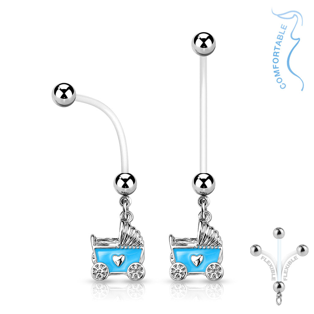 Baby Stroller Pregnancy Belly Ring Bioflex with 316L Surgical Steel Balls - Blue