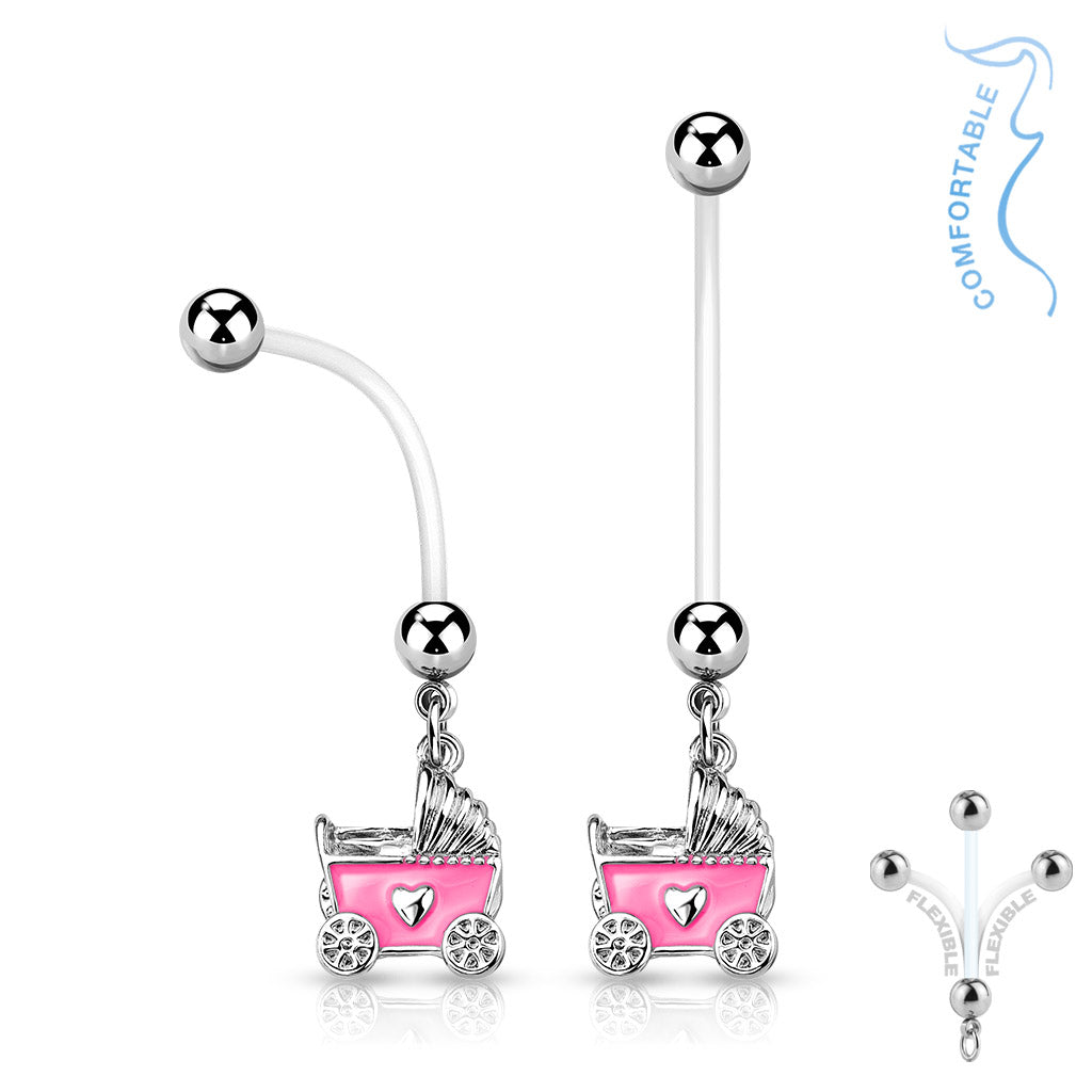 Baby Stroller Pregnancy Belly Ring Bioflex with 316L Surgical Steel Balls - Pink