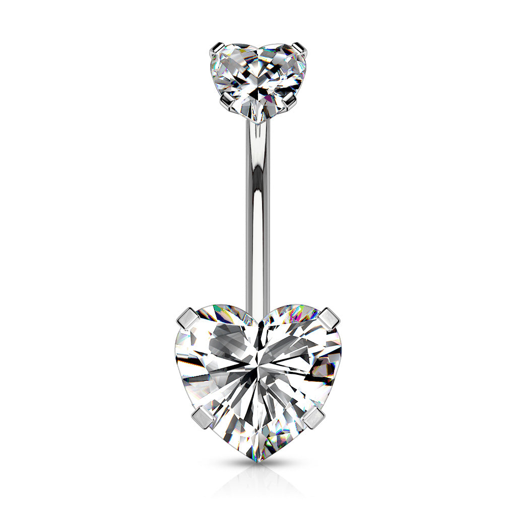 All 316L Surgical Steel Prong Set CZ Internal Thread Top Double Heart Belly Button Navel Rings - Clear