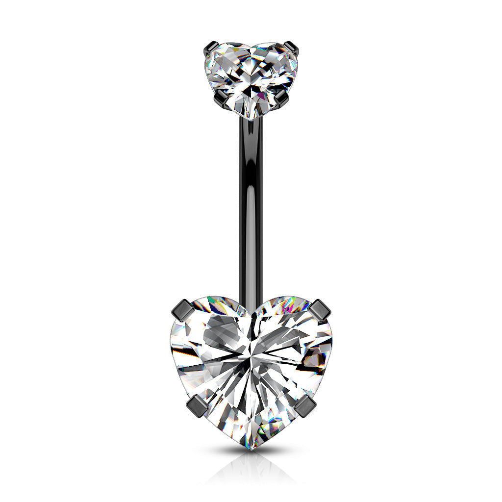 All 316L Surgical Steel Prong Set CZ Internal Thread Top Double Heart Belly Button Navel Rings - Black/Clear