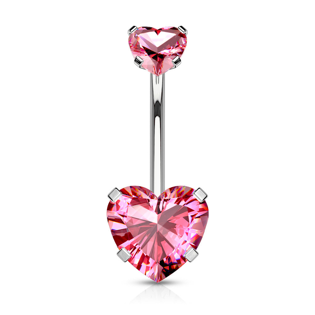 All 316L Surgical Steel Prong Set CZ Internal Thread Top Double Heart Belly Button Navel Rings - Pink
