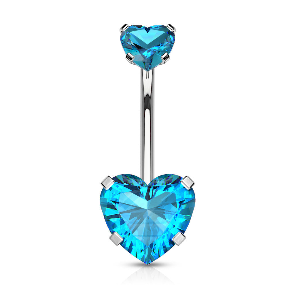 All 316L Surgical Steel Prong Set CZ Internal Thread Top Double Heart Belly Button Navel Rings - Aqua