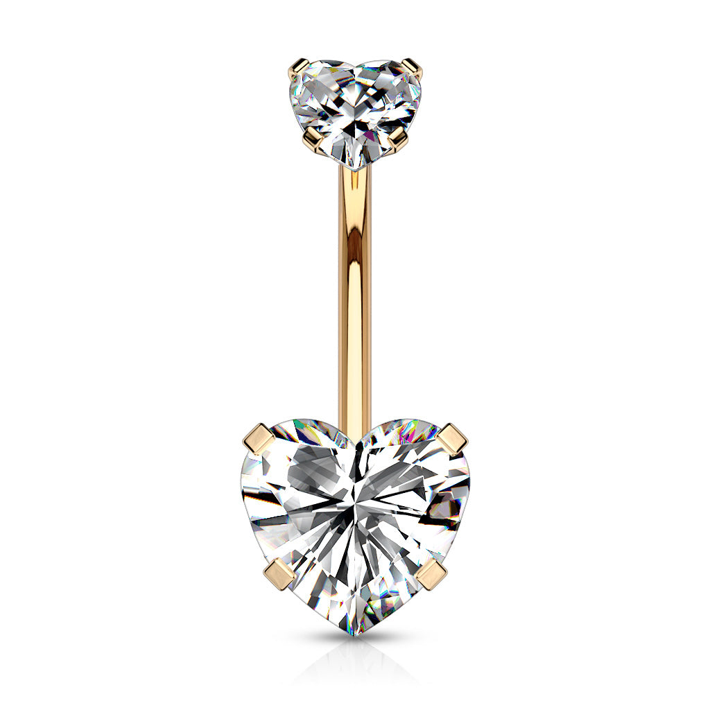 All 316L Surgical Steel Prong Set CZ Internal Thread Top Double Heart Belly Button Navel Rings - Rose Gold/Clear