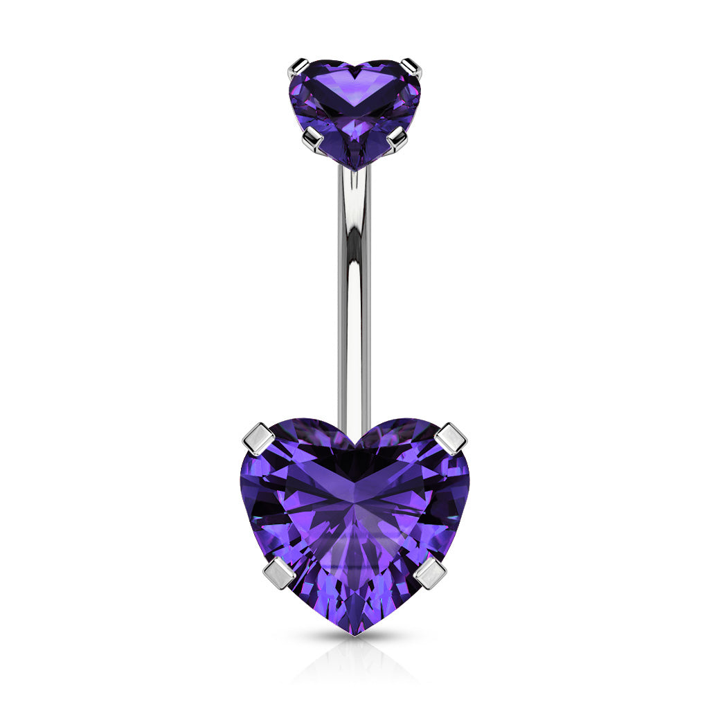All 316L Surgical Steel Prong Set CZ Internal Thread Top Double Heart Belly Button Navel Rings - Tanzanite