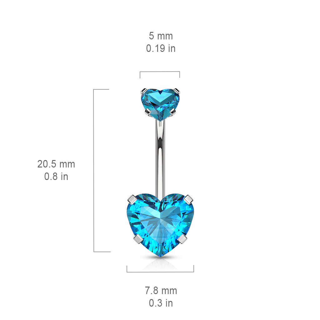 All 316L Surgical Steel Prong Set CZ Internal Thread Top Double Heart Belly Button Navel Rings size chart