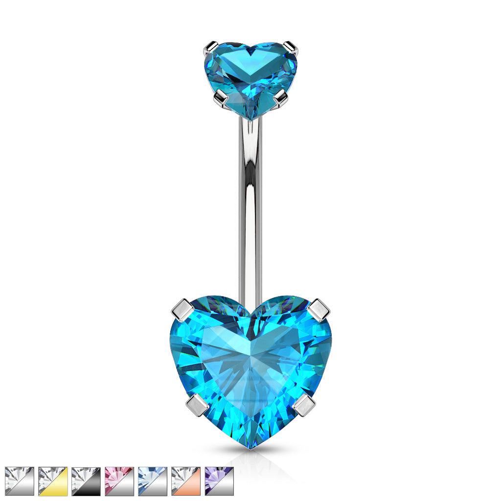 All 316L Surgical Steel Prong Set CZ Internal Thread Top Double Heart Belly Button Navel Rings - all colors