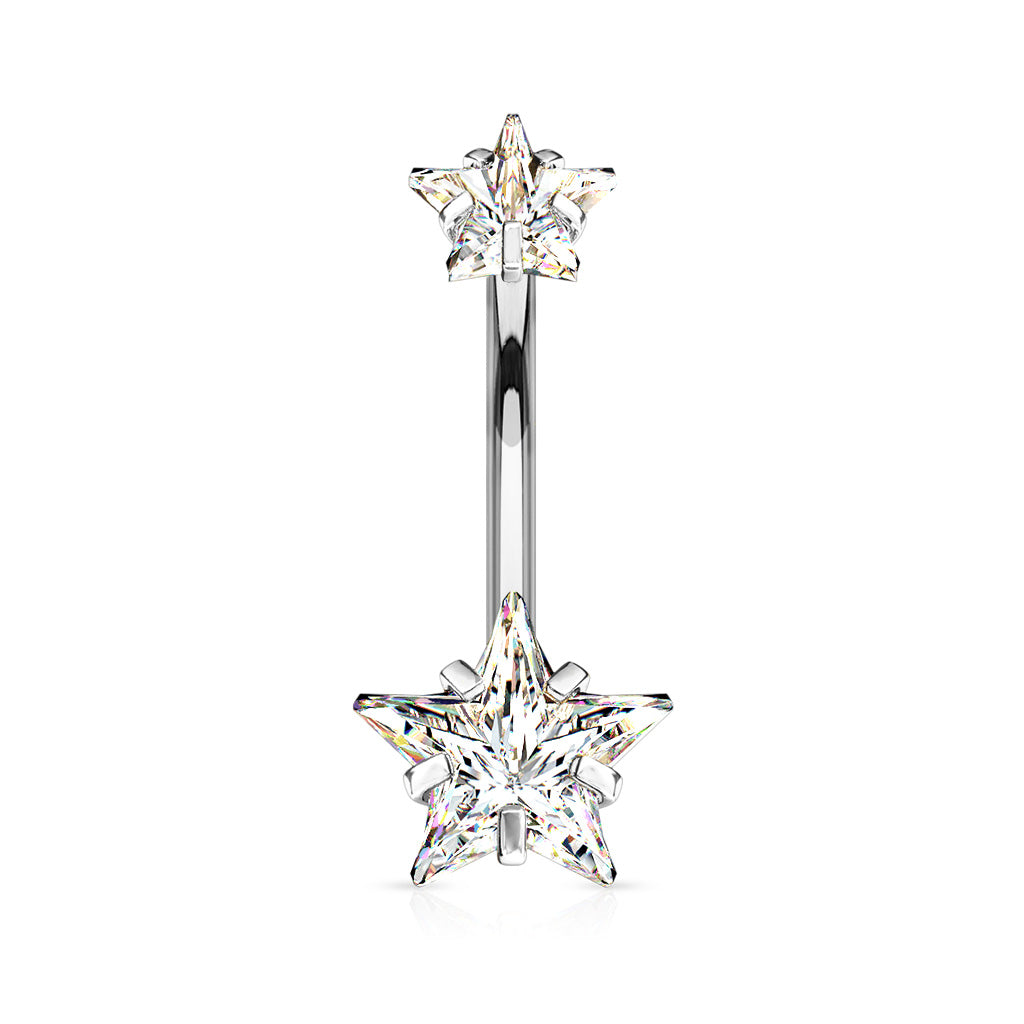 All 316L Surgical Steel Prong Set Double Star CZ Internally Threaded Belly Button Ring - Clear