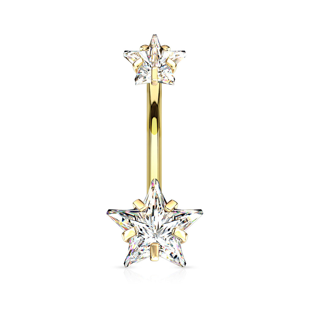 All 316L Surgical Steel Prong Set Double Star CZ Internally Threaded Belly Button Ring - Gold/Clear