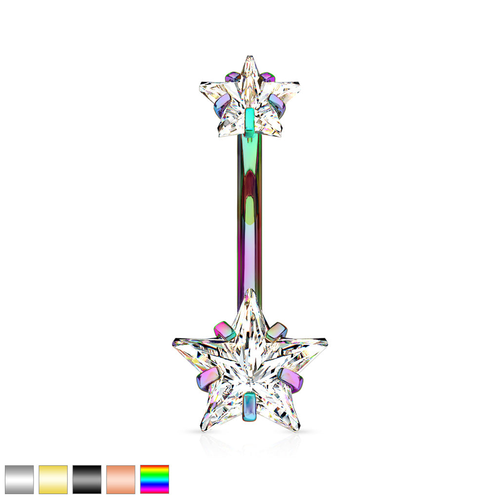 All 316L Surgical Steel Prong Set Double Star CZ Internally Threaded Belly Button Ring - all colors