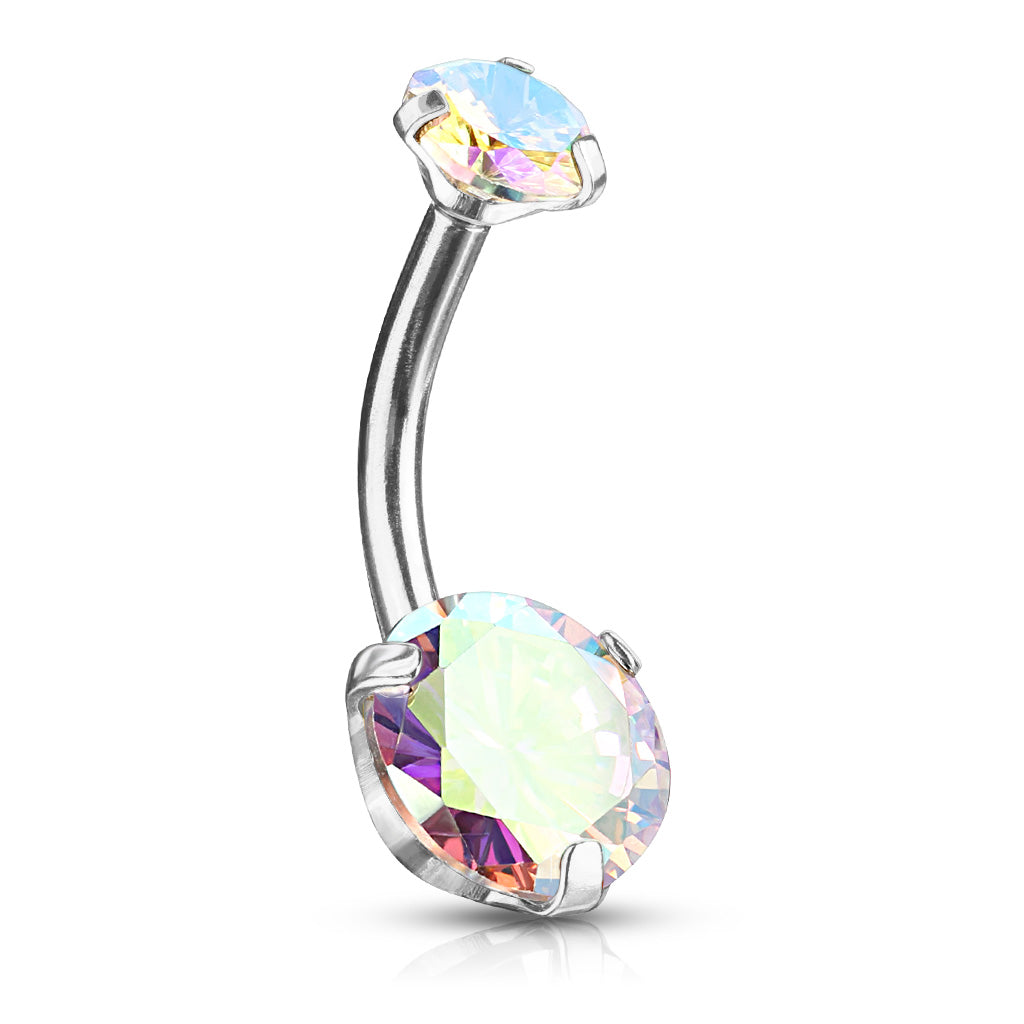 Round AB Zircon Prong Set Internally Threaded Top All 316L Surgical Steel Belly Button Rings - Aurora Borealis