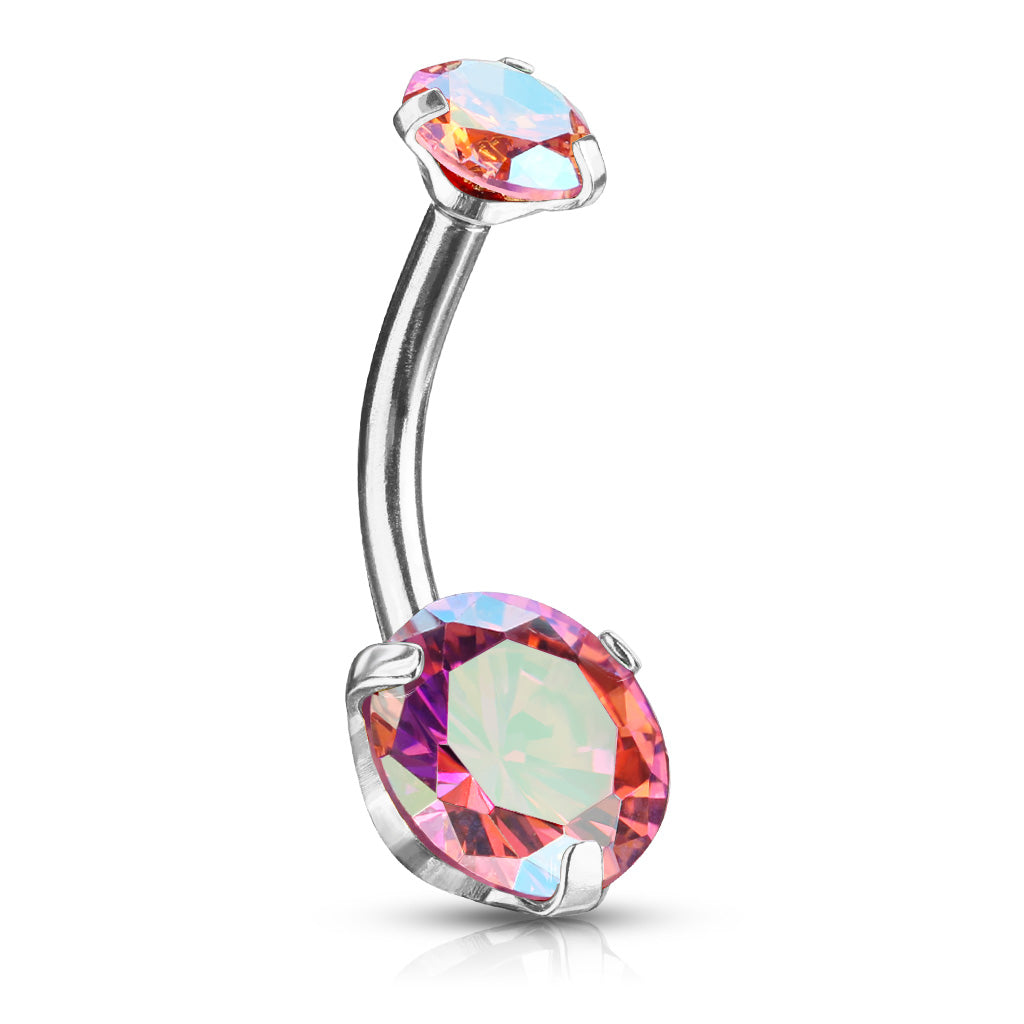 Round AB Zircon Prong Set Internally Threaded Top All 316L Surgical Steel Belly Button Rings - AB Pink