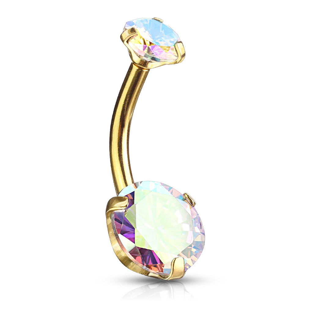 Round AB Zircon Prong Set Internally Threaded Top All 316L Surgical Steel Belly Button Rings - Gold/AB